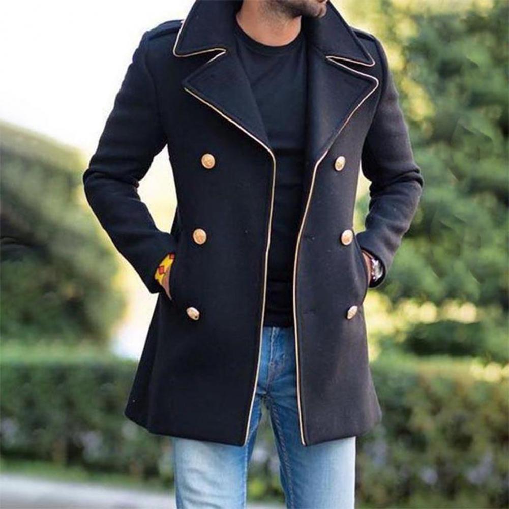 남성용 단색 더블 브레스트 재킷, 중간 길이 오버코트, 슬림핏 라펠 재킷, 스트리트웨어, 겨울 코트